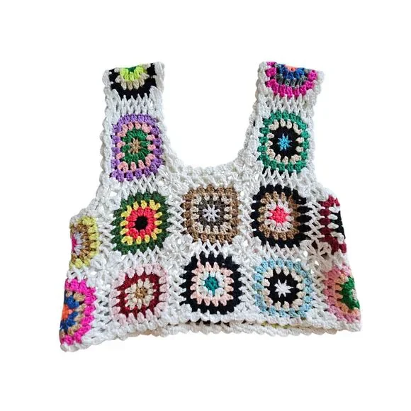 Crochet Granny Square Top Women Small Boho Festival Hippie Cropped Sleeveless - Picture 2 of 4